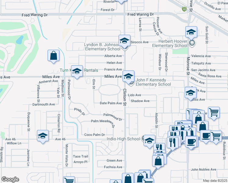 map of restaurants, bars, coffee shops, grocery stores, and more near 81406 Palo Verde Drive in Indio