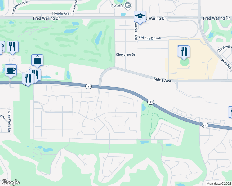 map of restaurants, bars, coffee shops, grocery stores, and more near 77288 Sky Mesa Lane in Indian Wells