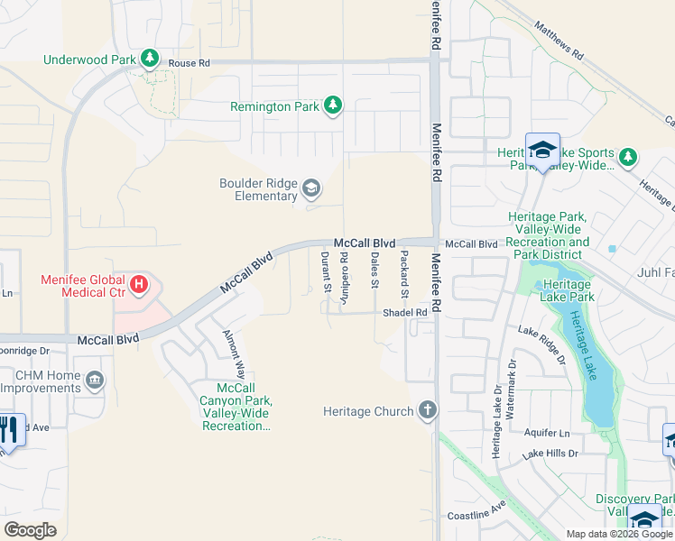 map of restaurants, bars, coffee shops, grocery stores, and more near Junipero Road in Menifee