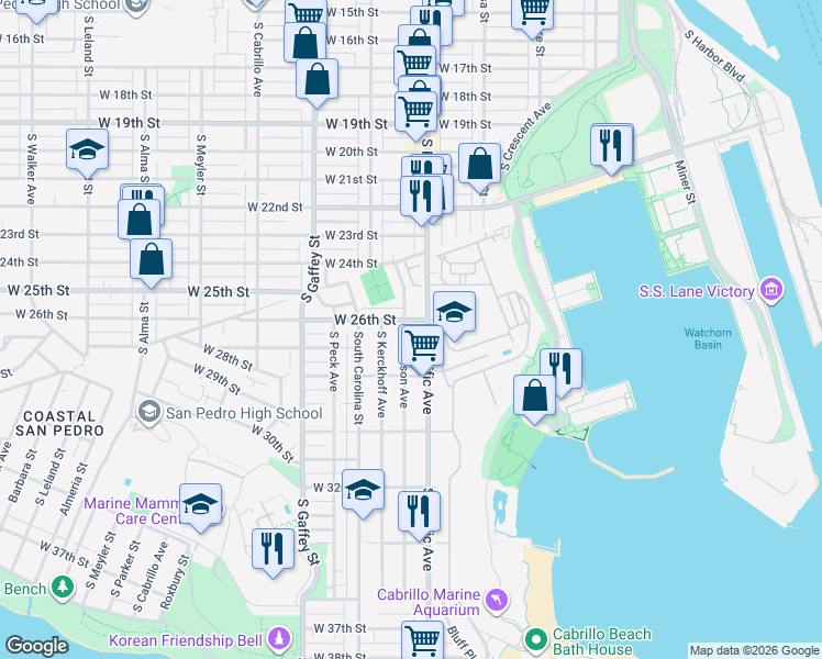 map of restaurants, bars, coffee shops, grocery stores, and more near 2628 South Denison Avenue in Los Angeles