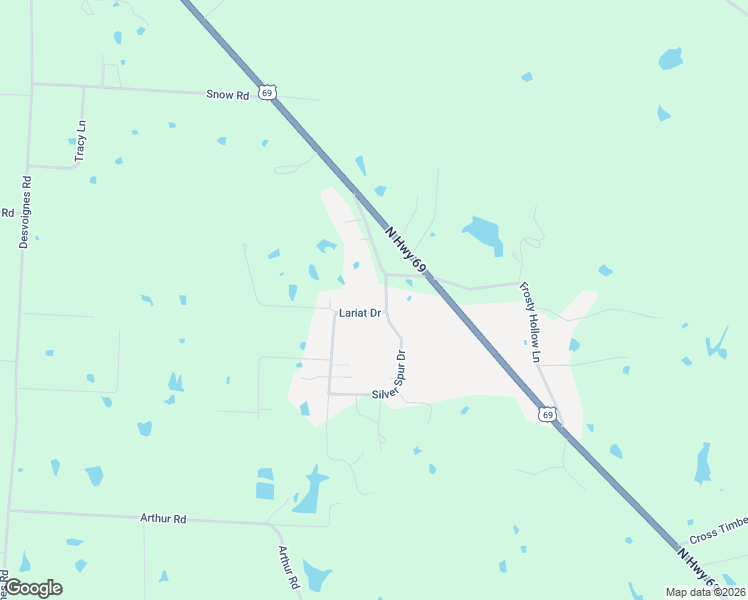 map of restaurants, bars, coffee shops, grocery stores, and more near 67 Lariat Drive in Denison