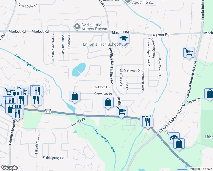 map of restaurants, bars, coffee shops, grocery stores, and more near 6303 Creekford Lane in Lithonia
