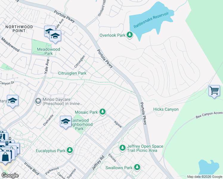 map of restaurants, bars, coffee shops, grocery stores, and more near 104 Paxton in Irvine