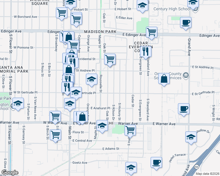 map of restaurants, bars, coffee shops, grocery stores, and more near 2068 Oak Street in Santa Ana