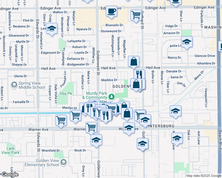 map of restaurants, bars, coffee shops, grocery stores, and more near 16691 Tunstall Lane in Huntington Beach