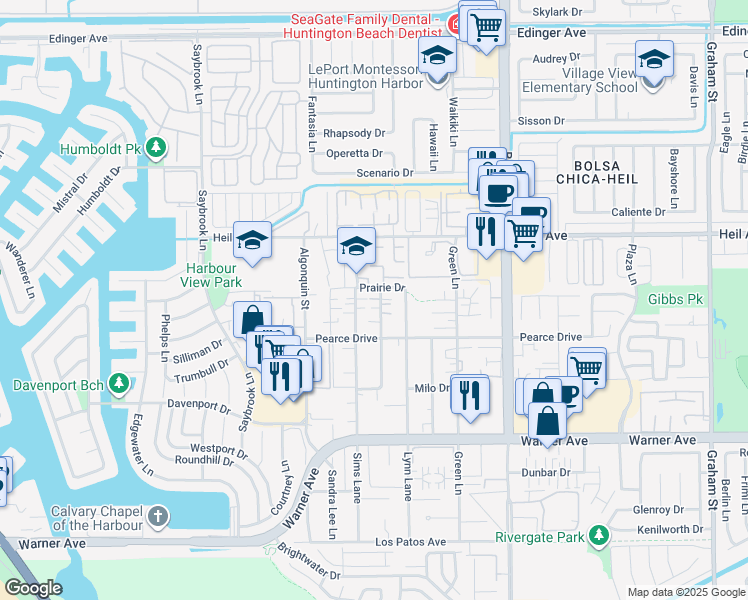map of restaurants, bars, coffee shops, grocery stores, and more near 16671 Blanton Lane in Huntington Beach