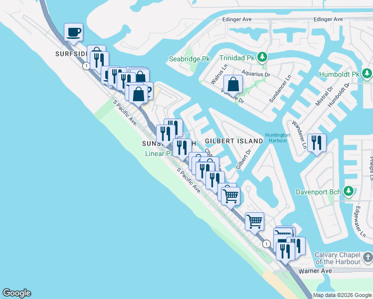 map of restaurants, bars, coffee shops, grocery stores, and more near 16672 California 1 in Huntington Beach