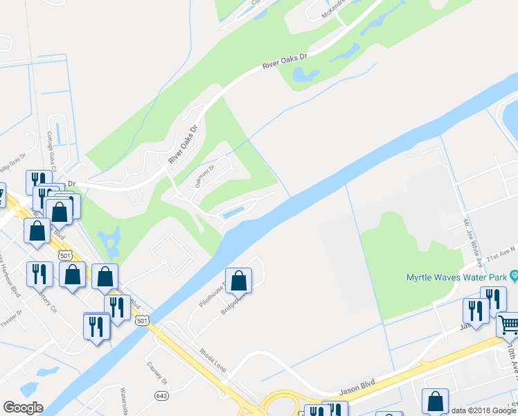 map of restaurants, bars, coffee shops, grocery stores, and more near 624 Waterway Village Boulevard in Myrtle Beach
