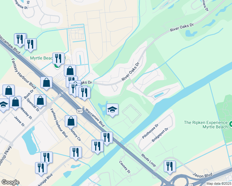 map of restaurants, bars, coffee shops, grocery stores, and more near 492 River Oaks Drive in Myrtle Beach
