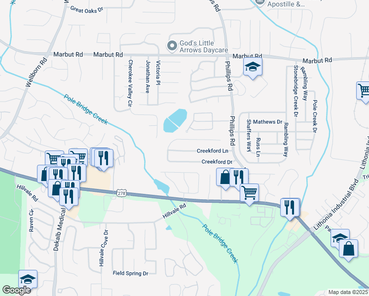 map of restaurants, bars, coffee shops, grocery stores, and more near 6218 Creekford Lane in Lithonia