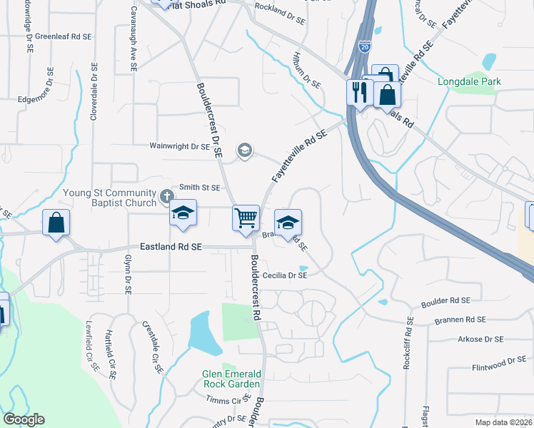 map of restaurants, bars, coffee shops, grocery stores, and more near 1805 Cecilia Drive Southeast in Atlanta