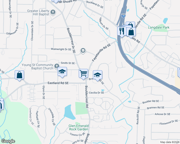 map of restaurants, bars, coffee shops, grocery stores, and more near 1258 Bouldercrest Drive Southeast in Atlanta