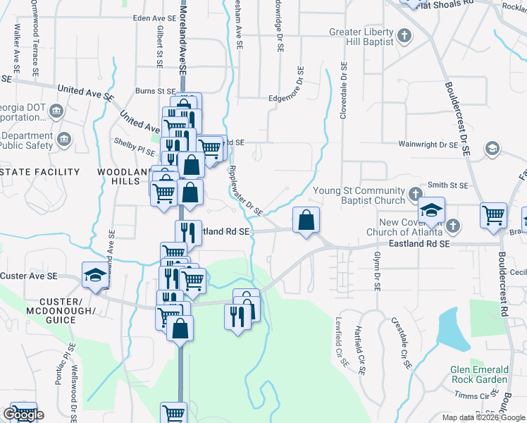 map of restaurants, bars, coffee shops, grocery stores, and more near 2385 Ripplewater Drive Southeast in Atlanta