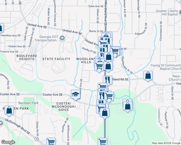 map of restaurants, bars, coffee shops, grocery stores, and more near 1255 Danner Street Southeast in Atlanta