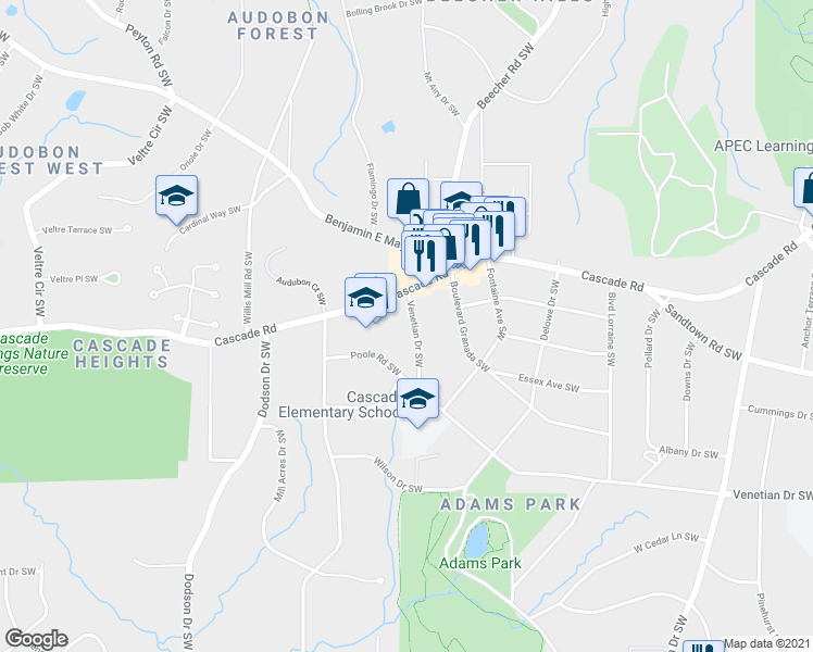 map of restaurants, bars, coffee shops, grocery stores, and more near 2344 Venetian Drive Southwest in Atlanta