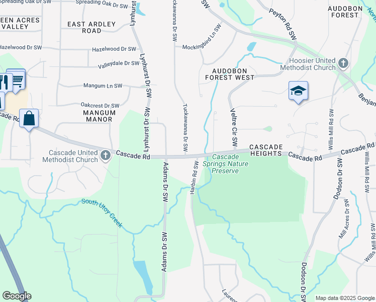 map of restaurants, bars, coffee shops, grocery stores, and more near 2963 Cascade Road in Atlanta