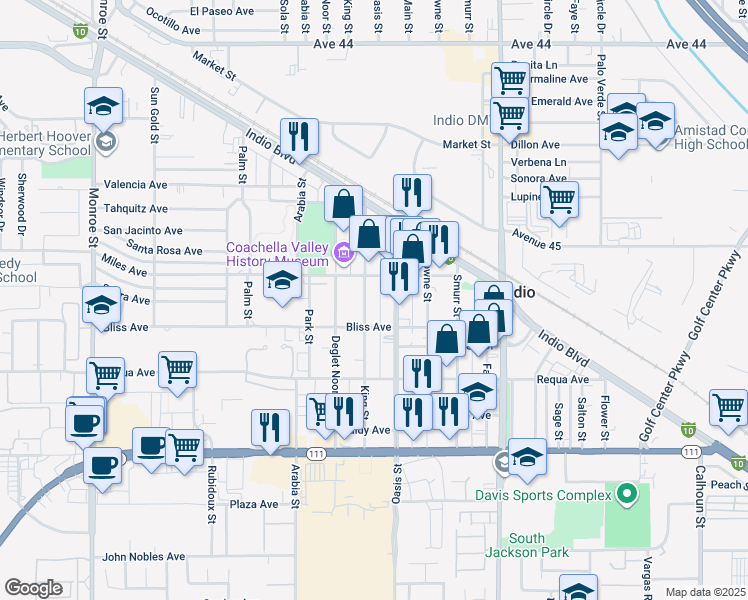 map of restaurants, bars, coffee shops, grocery stores, and more near 45222 King Street in Indio