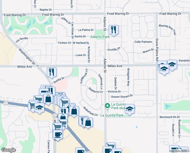 map of restaurants, bars, coffee shops, grocery stores, and more near 45150 Birchcrest Circle in La Quinta