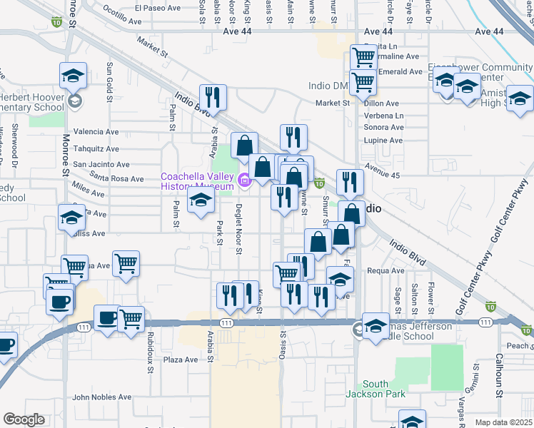 map of restaurants, bars, coffee shops, grocery stores, and more near King Street in Indio