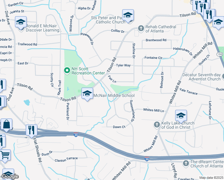 map of restaurants, bars, coffee shops, grocery stores, and more near 2381 Dawn Drive in Decatur