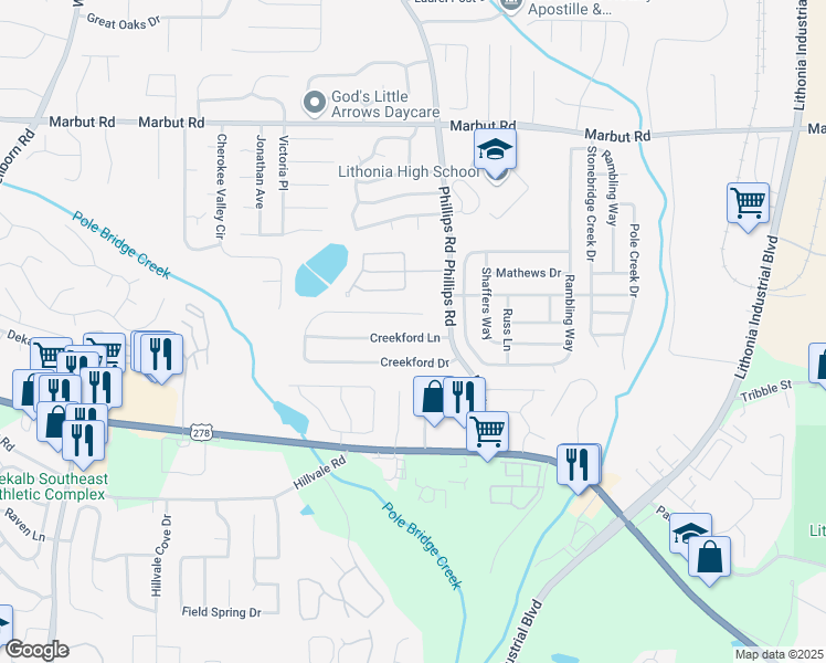 map of restaurants, bars, coffee shops, grocery stores, and more near 6288 Creekford Lane in Lithonia