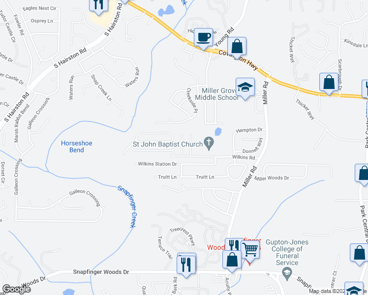 map of restaurants, bars, coffee shops, grocery stores, and more near 2320 Wilkins Cove in Decatur