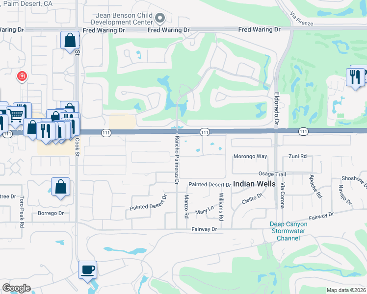 map of restaurants, bars, coffee shops, grocery stores, and more near 45084 Avenue Codorniz in Indian Wells