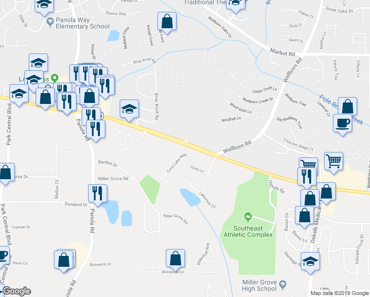 map of restaurants, bars, coffee shops, grocery stores, and more near 2347 Cove Lake Way in Lithonia