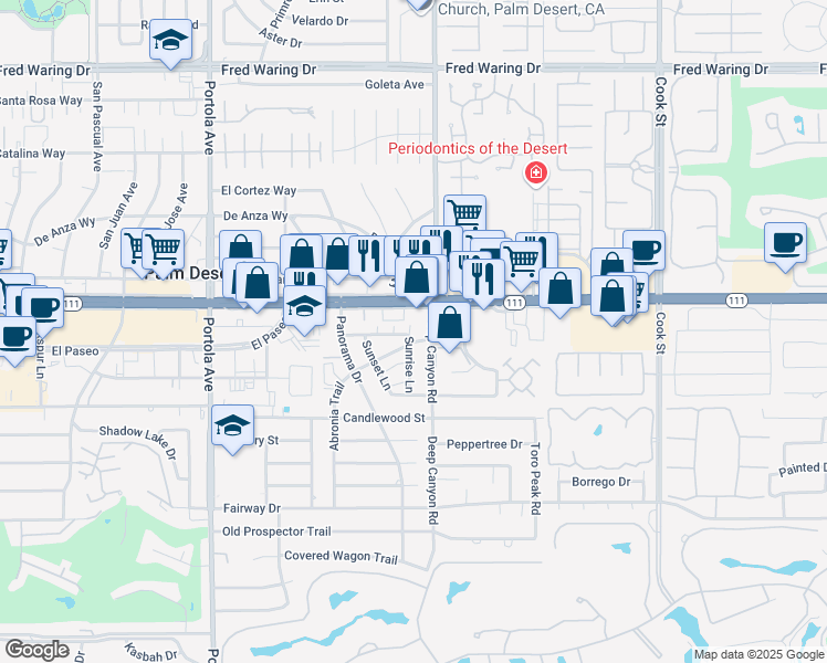 map of restaurants, bars, coffee shops, grocery stores, and more near 74470 Abronia Trail in Palm Desert