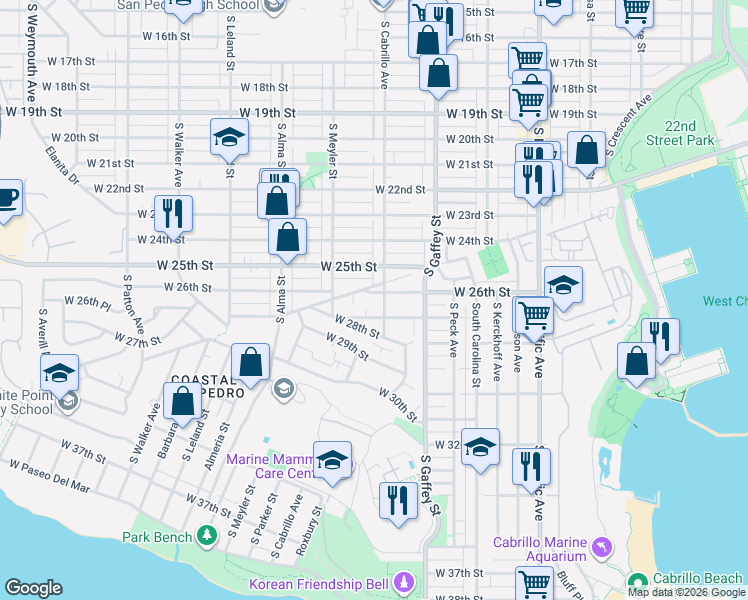 map of restaurants, bars, coffee shops, grocery stores, and more near 809 West 26th Street in San Pedro