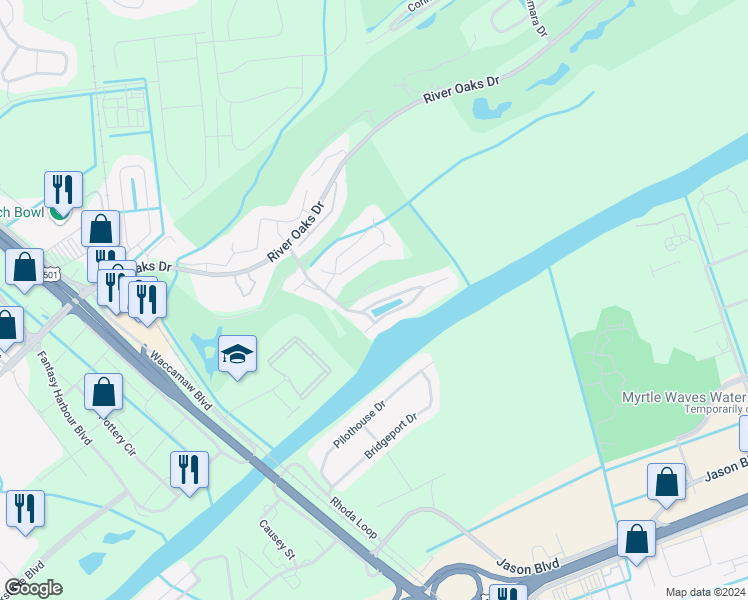 map of restaurants, bars, coffee shops, grocery stores, and more near 611 Water Village Boulevard in Myrtle Beach