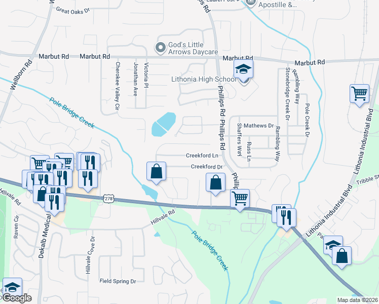 map of restaurants, bars, coffee shops, grocery stores, and more near 6263 Creekford Lane in Lithonia