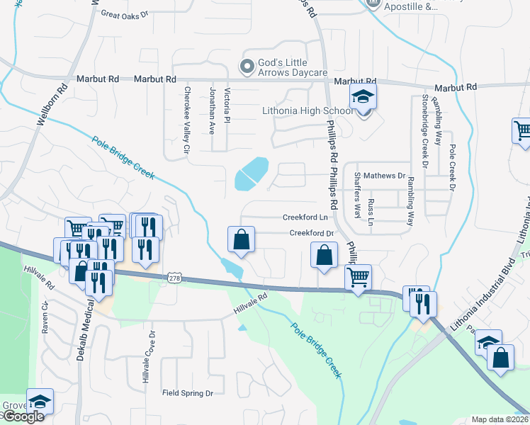 map of restaurants, bars, coffee shops, grocery stores, and more near 6229 Creekford Lane in Lithonia