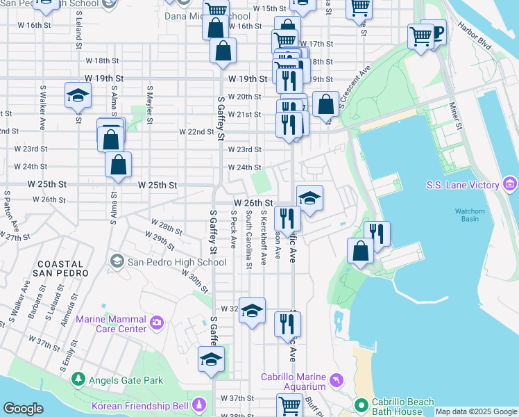 map of restaurants, bars, coffee shops, grocery stores, and more near 2613 South Kerckhoff Avenue in Los Angeles