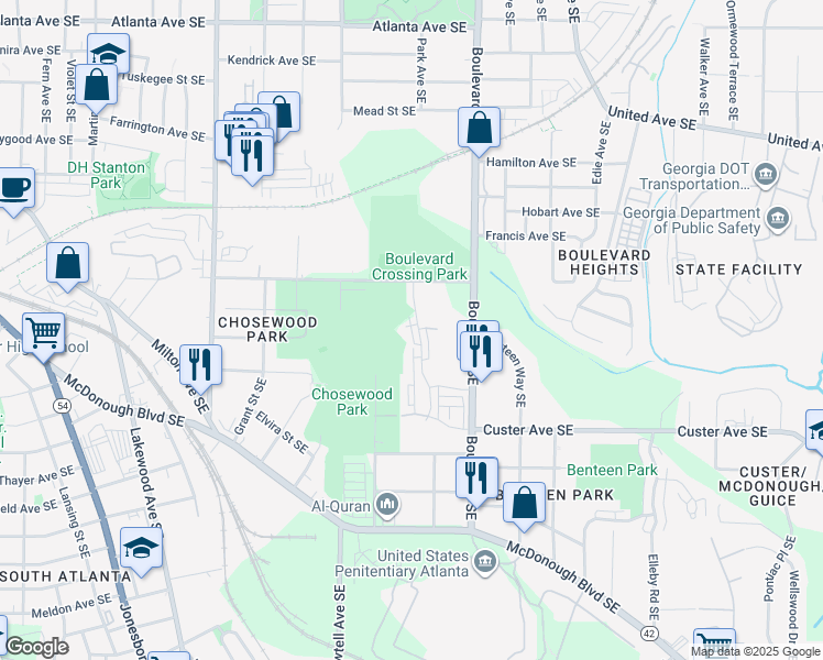 map of restaurants, bars, coffee shops, grocery stores, and more near 1215 Roberts Drive Southeast in Atlanta