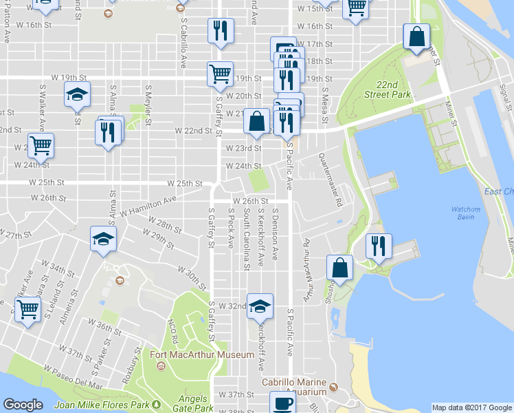 map of restaurants, bars, coffee shops, grocery stores, and more near 2613 South Kerckhoff Avenue in Los Angeles