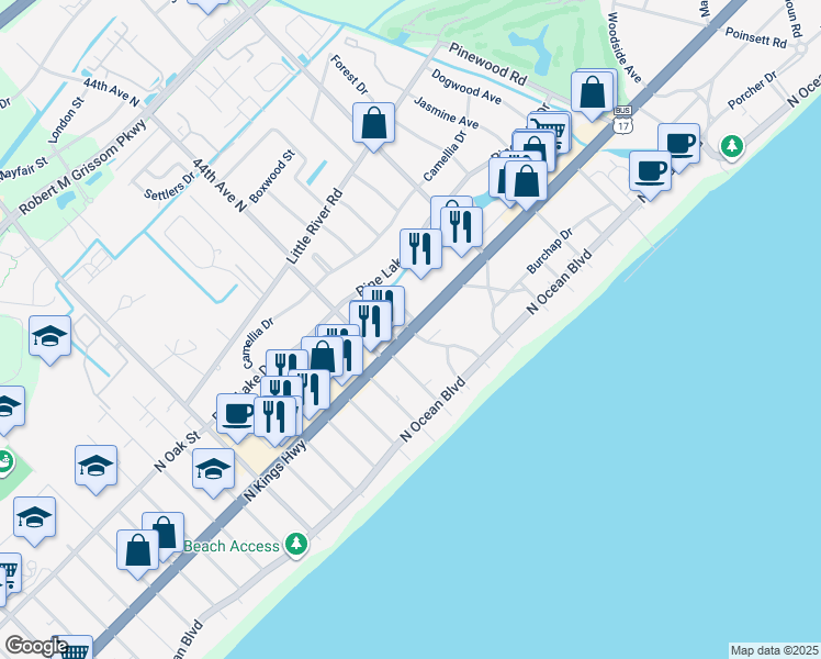 map of restaurants, bars, coffee shops, grocery stores, and more near 46th Avenue North in Myrtle Beach