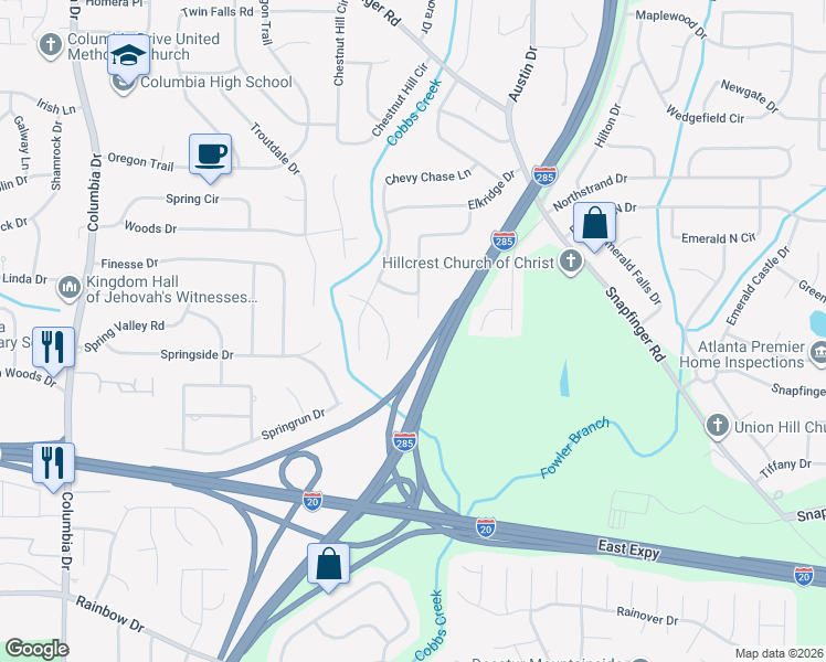 map of restaurants, bars, coffee shops, grocery stores, and more near 2327 Sterling Ridge Road in Decatur