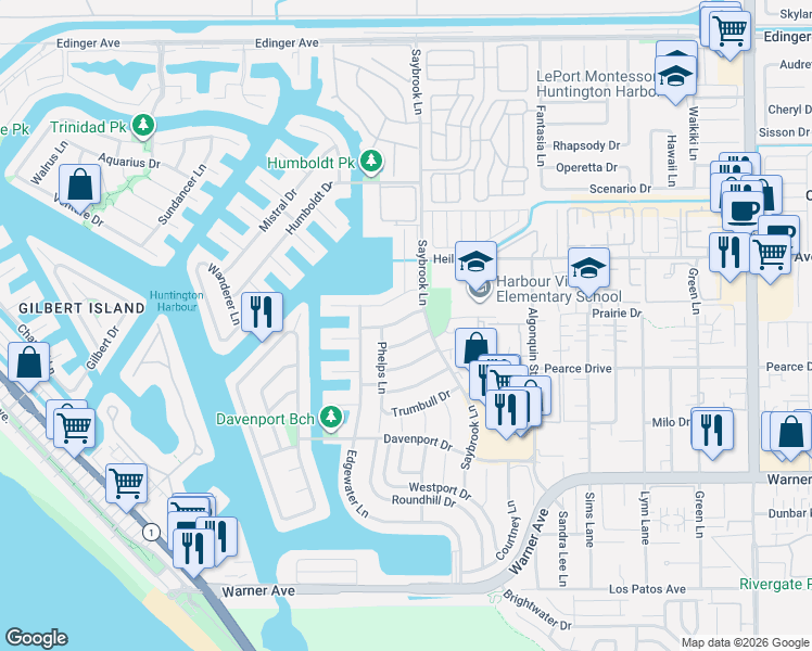 map of restaurants, bars, coffee shops, grocery stores, and more near 4192 Branford Drive in Huntington Beach