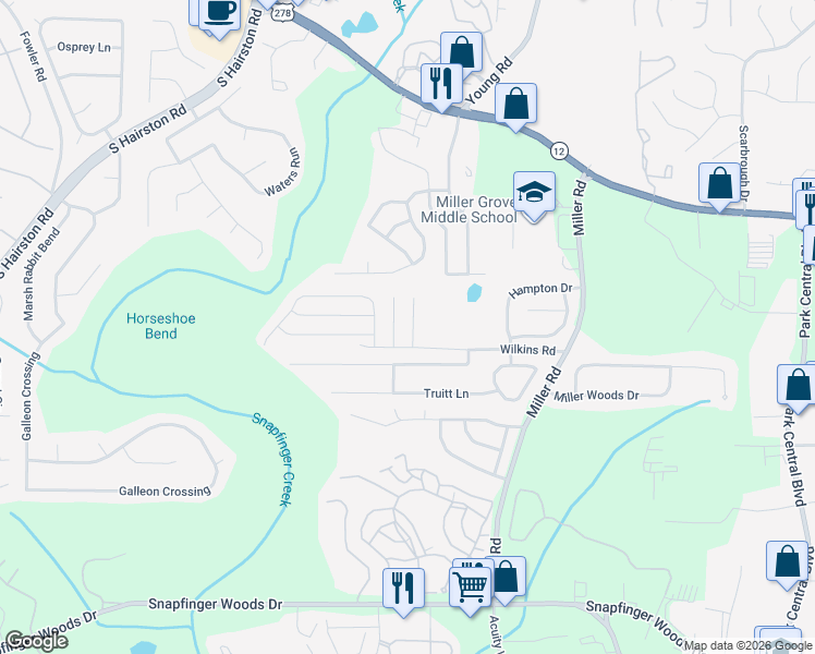 map of restaurants, bars, coffee shops, grocery stores, and more near 2330 Wilkins Cove in Decatur