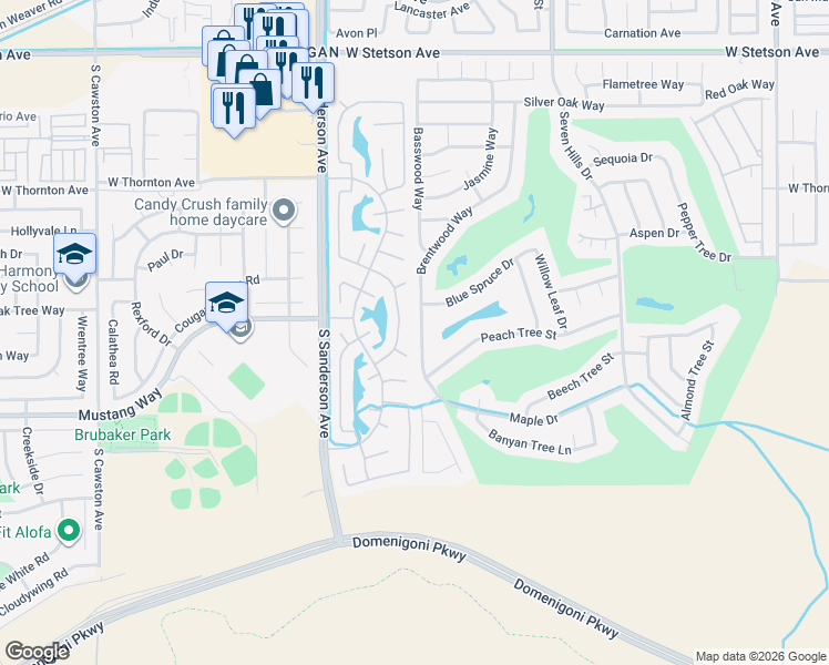 map of restaurants, bars, coffee shops, grocery stores, and more near 1625 Brentwood Way in Hemet
