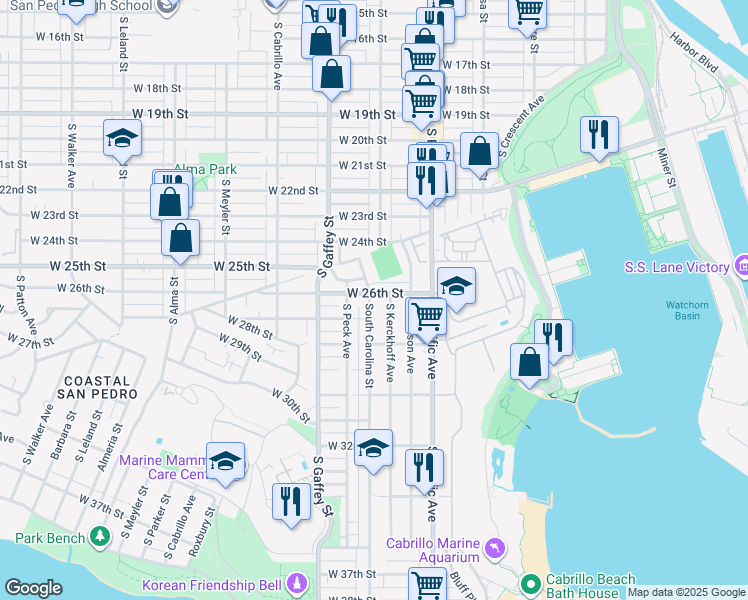 map of restaurants, bars, coffee shops, grocery stores, and more near 2610 South Carolina Street in Los Angeles