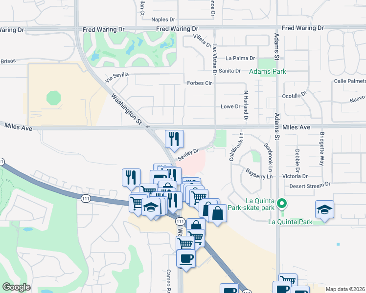 map of restaurants, bars, coffee shops, grocery stores, and more near 45245 Seeley Drive in La Quinta
