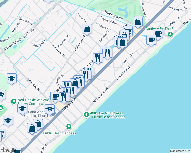 map of restaurants, bars, coffee shops, grocery stores, and more near 46th Avenue North in Myrtle Beach