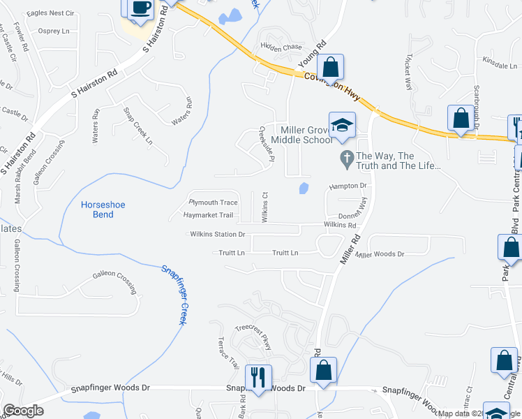 map of restaurants, bars, coffee shops, grocery stores, and more near 2317 Wilkins Court in Decatur