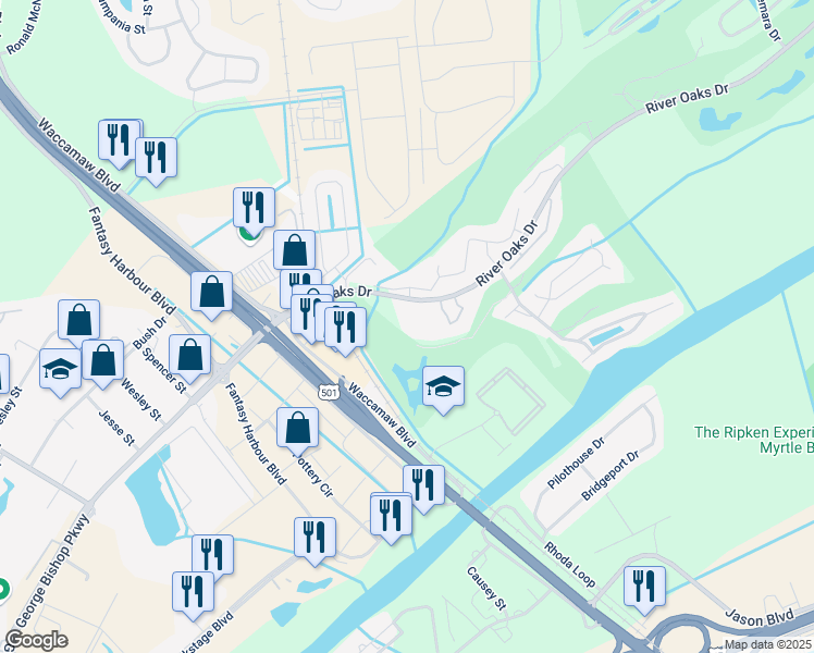 map of restaurants, bars, coffee shops, grocery stores, and more near 464 River Oaks Drive in Myrtle Beach