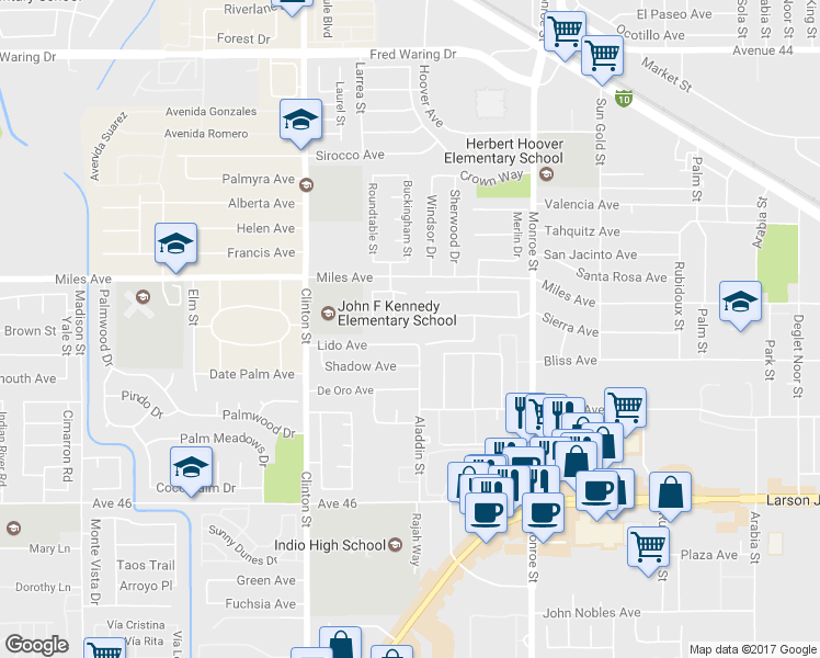 map of restaurants, bars, coffee shops, grocery stores, and more near 81707 Angela Court in Indio
