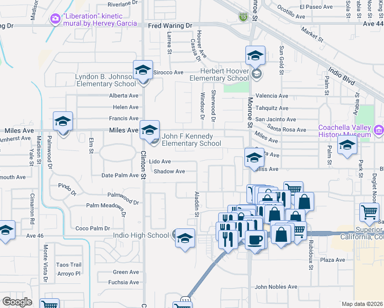 map of restaurants, bars, coffee shops, grocery stores, and more near 81707 Angela Court in Indio