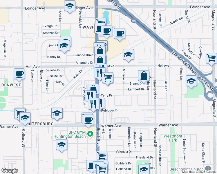 map of restaurants, bars, coffee shops, grocery stores, and more near 8131 Lambert Drive in Huntington Beach