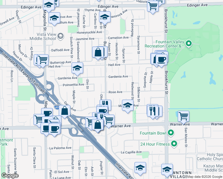 map of restaurants, bars, coffee shops, grocery stores, and more near 16705 Cedar Circle in Fountain Valley